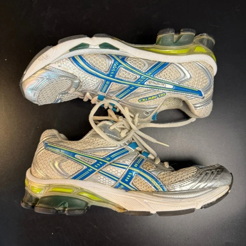 Asics Gel-Kinetic 3 T087N Silver Blue Synthetic‎ Mesh Running Shoes Womens US 7